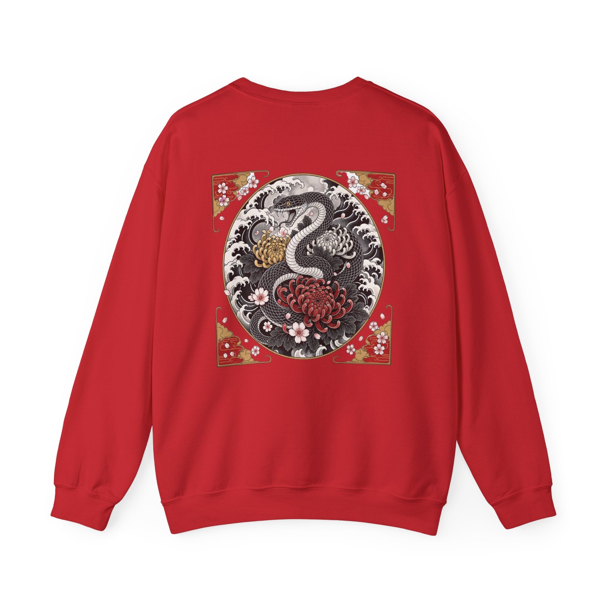 Dragon Circle Crewneck Sweatshirt — Asian-Inspired Snake & Floral Back Graphic