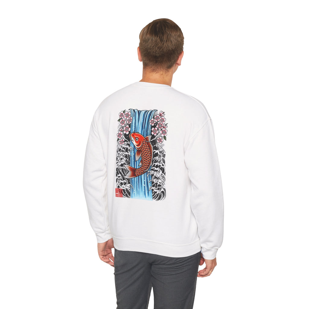 Koi Waterfall Crewneck Sweatshirt — Japanese Koi & Cherry Blossom Back Graphic