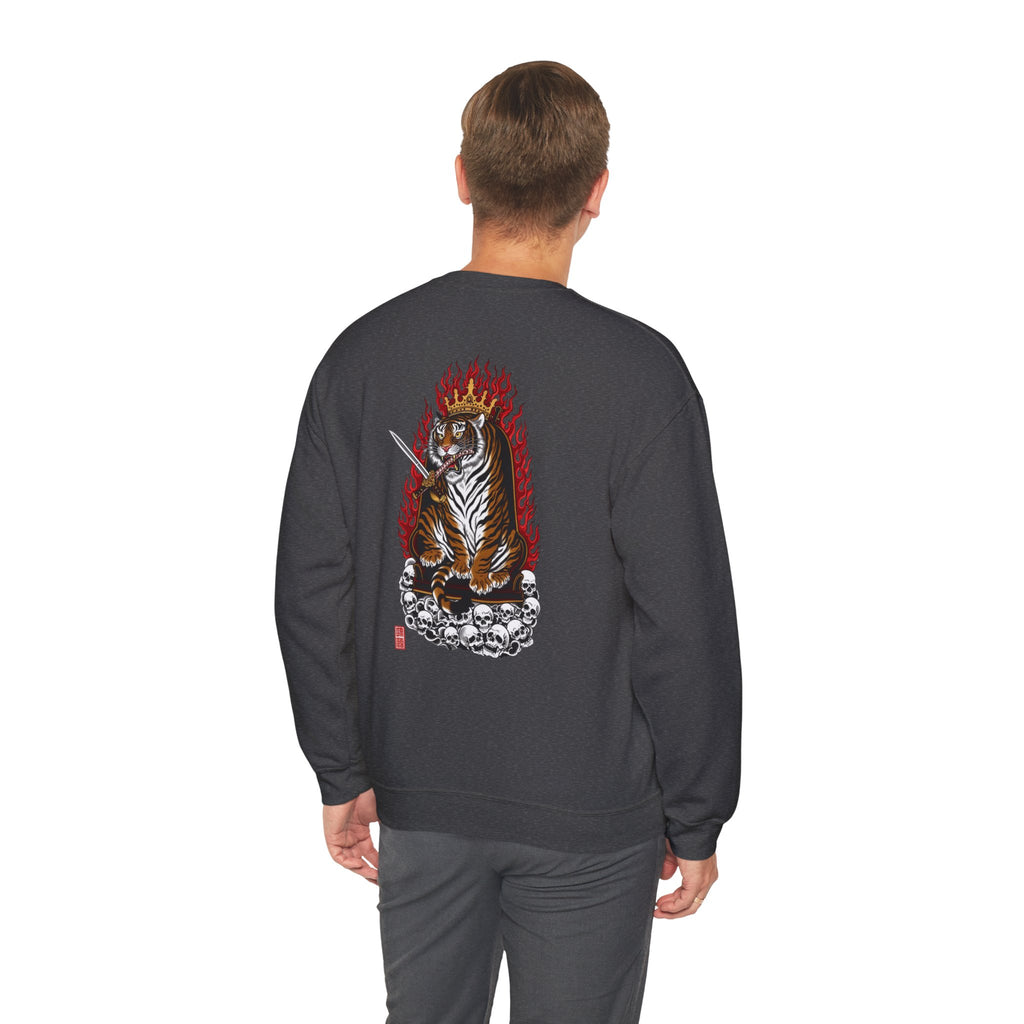 Tiger King Crewneck Sweatshirt — Flaming Tiger on Skulls Graphic