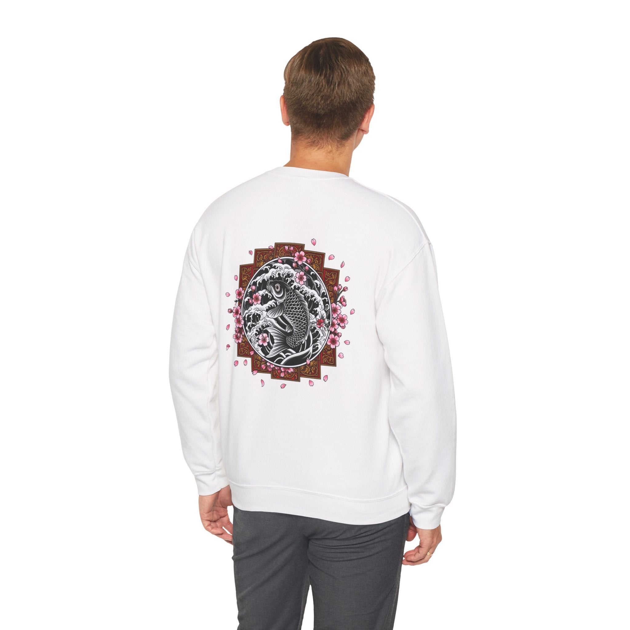 Crewneck Sweatshirt — Koi Fish Cherry Blossom Graphic Back, Minimal Front Logo