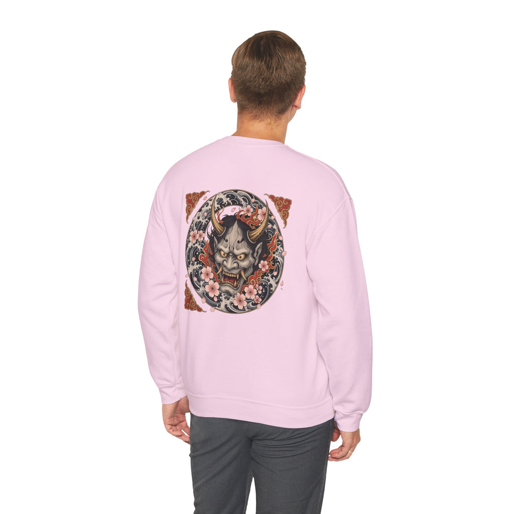 Hannya Mask Crewneck Sweatshirt — Japanese Demon Floral Back Print