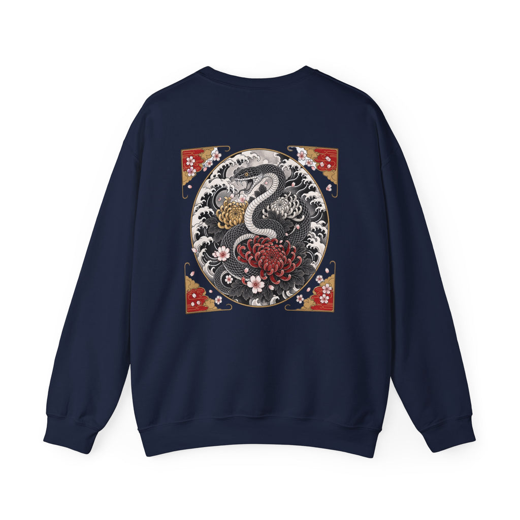 Dragon Circle Crewneck Sweatshirt — Asian-Inspired Snake & Floral Back Graphic