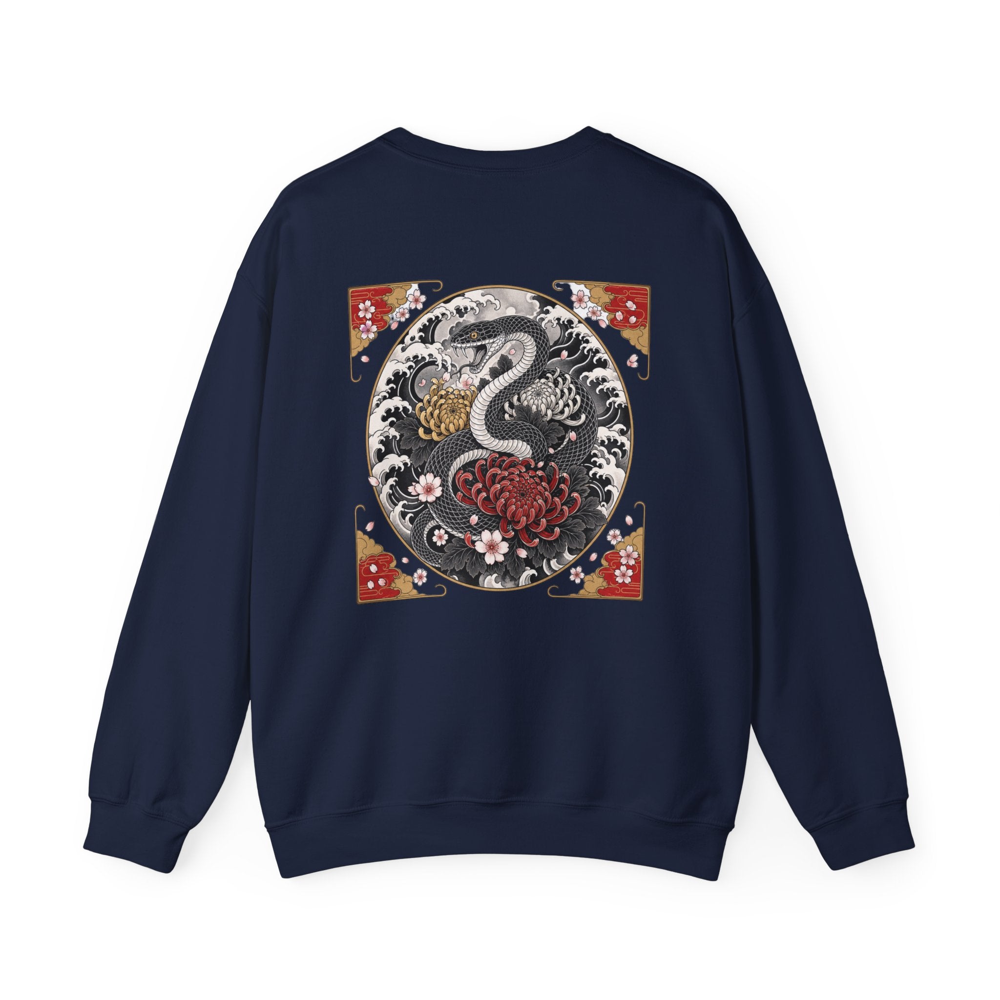 Dragon Circle Crewneck Sweatshirt — Asian-Inspired Snake & Floral Back Graphic