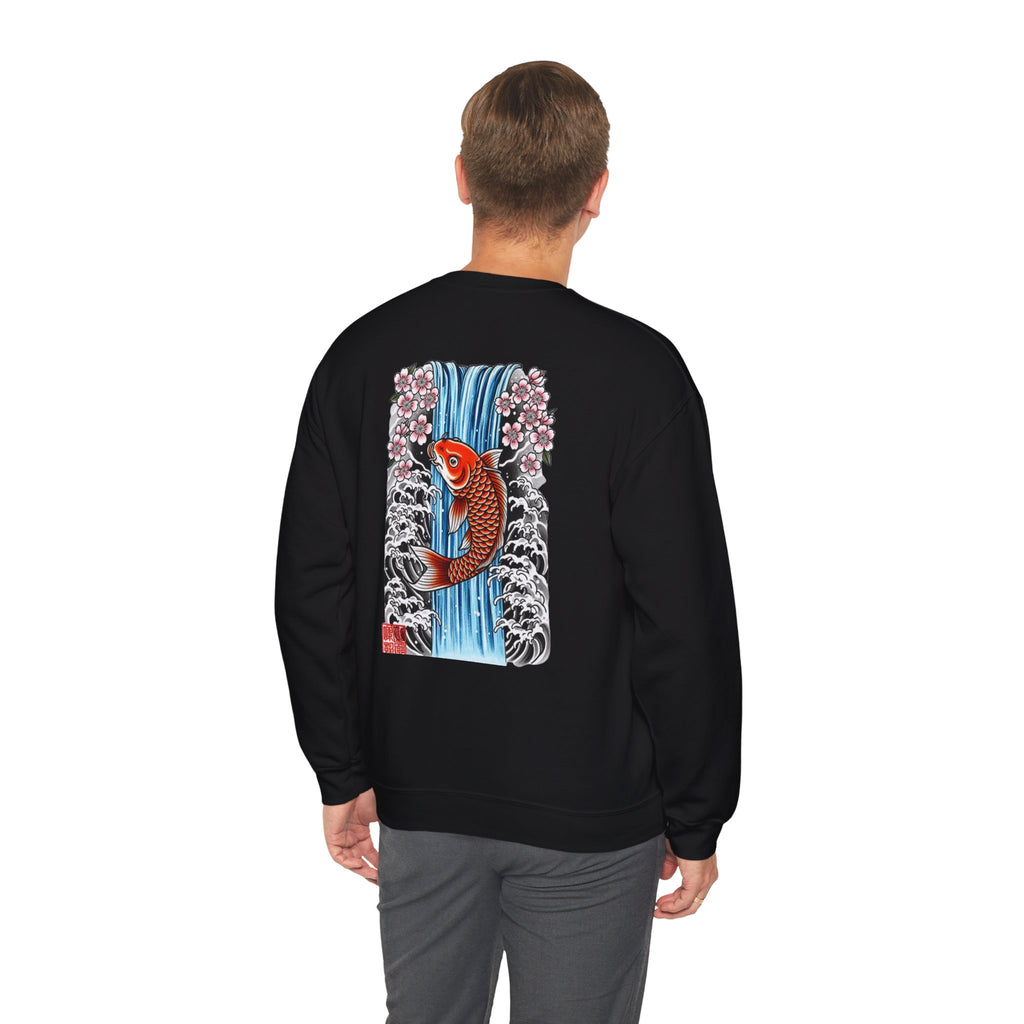 Koi Waterfall Crewneck Sweatshirt — Japanese Koi & Cherry Blossom Back Graphic