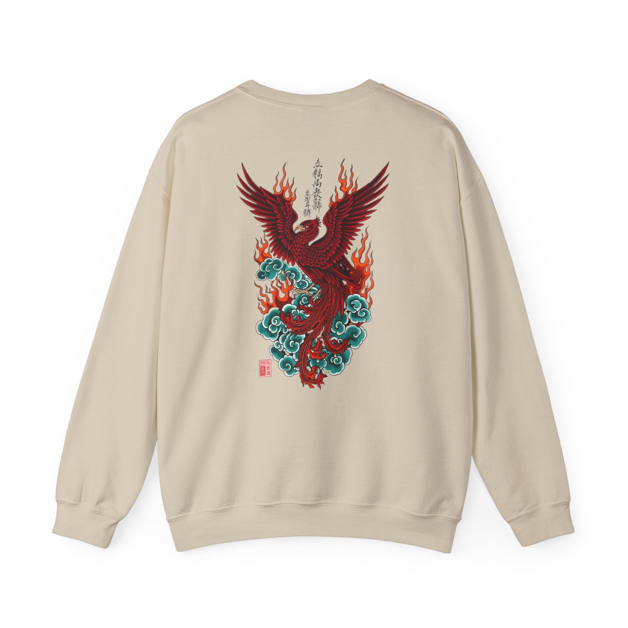 Phoenix Rising Crewneck Sweatshirt — Japanese-style Flaming Phoenix Back Print