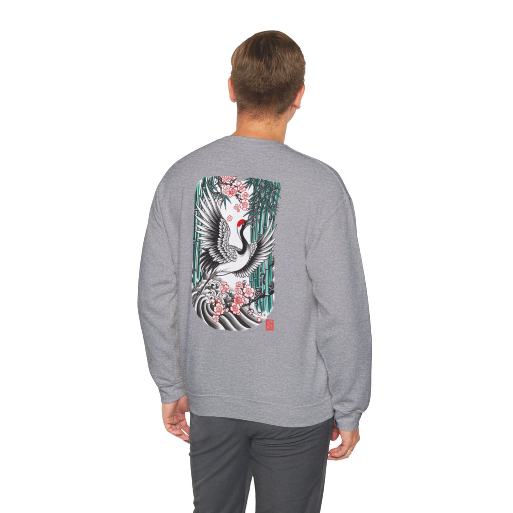 Crane & Cherry Blossom Crewneck Sweatshirt — Japanese Crane Graphic Pullover