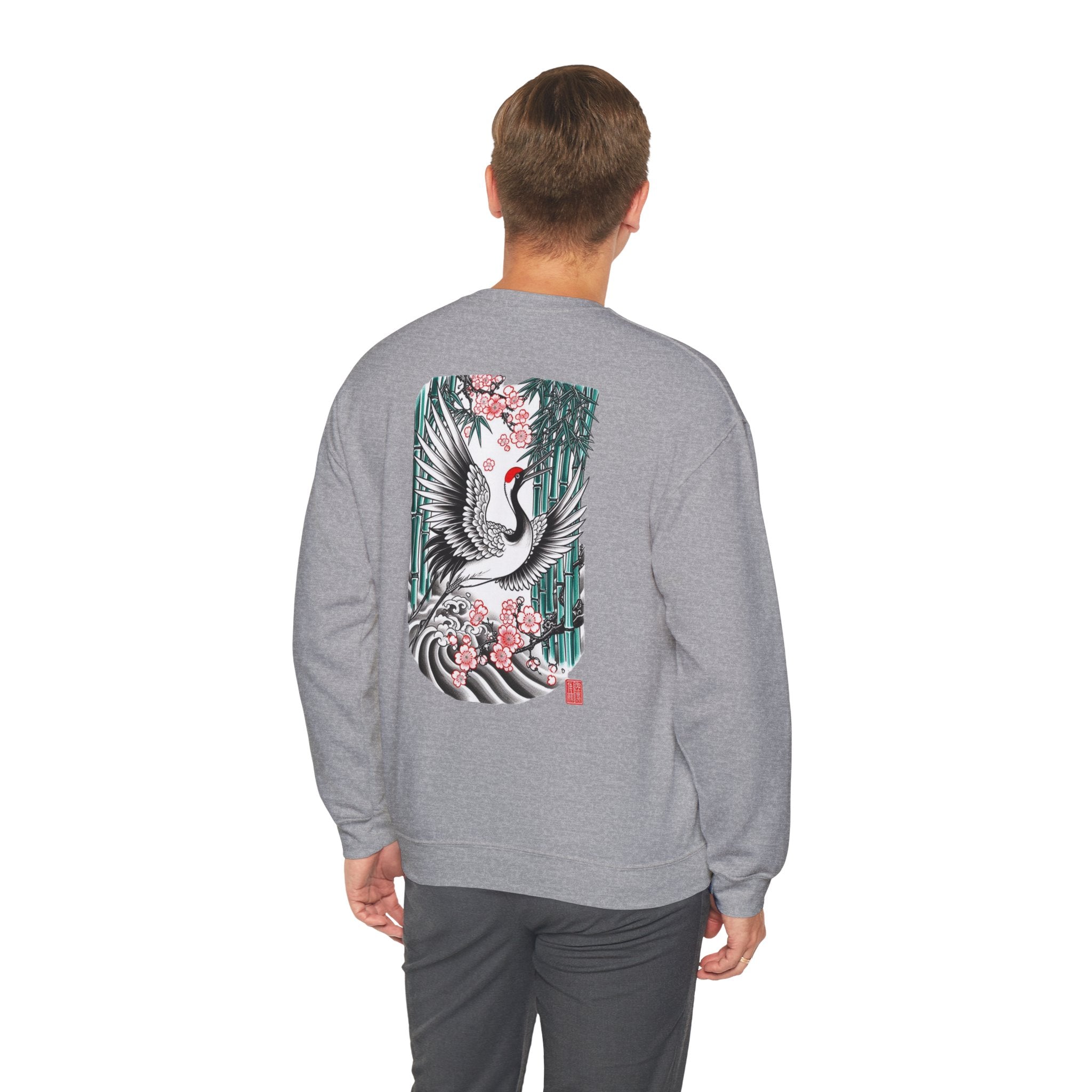 Crane & Cherry Blossom Crewneck Sweatshirt — Japanese Crane Graphic Pullover