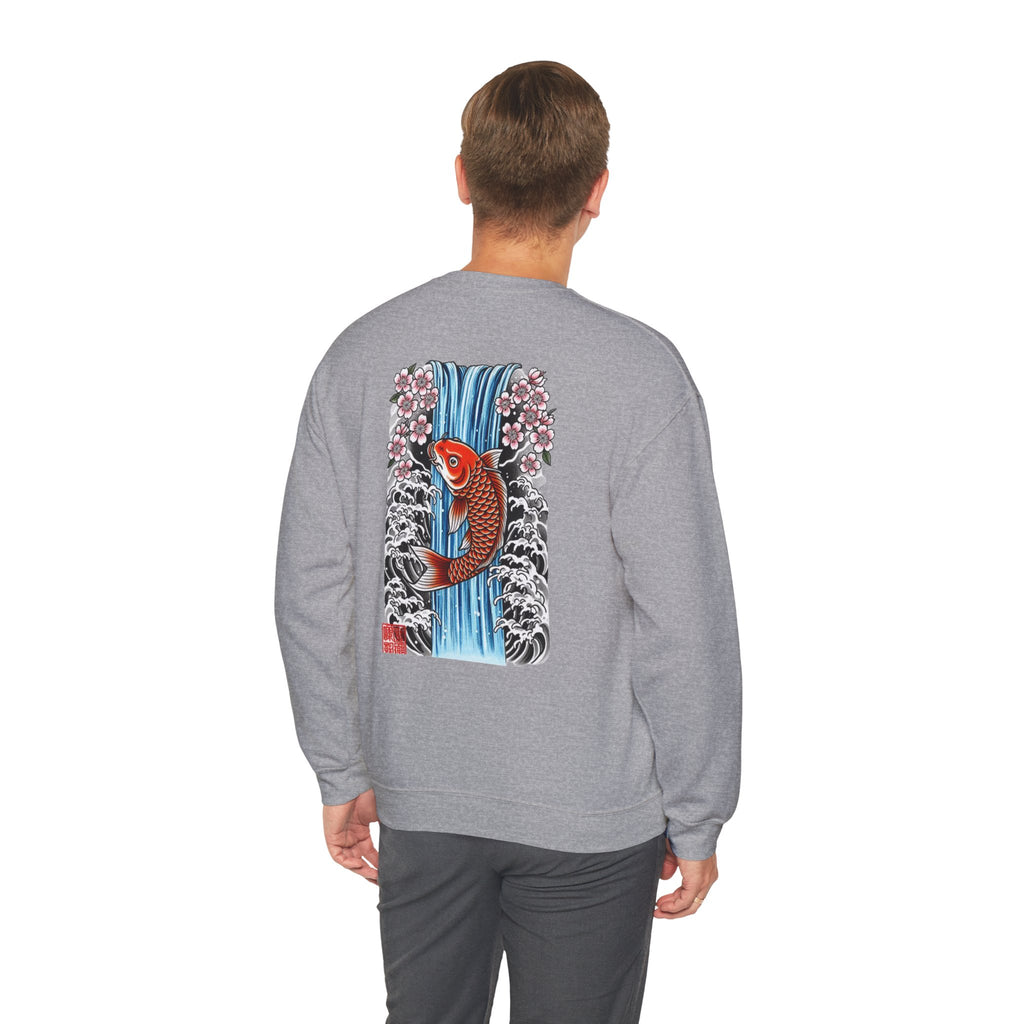 Koi Waterfall Crewneck Sweatshirt — Japanese Koi & Cherry Blossom Back Graphic