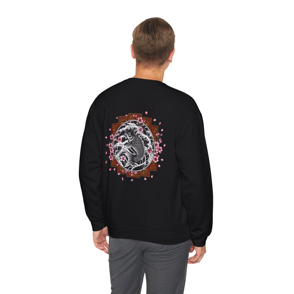Crewneck Sweatshirt — Koi Fish Cherry Blossom Graphic Back, Minimal Front Logo