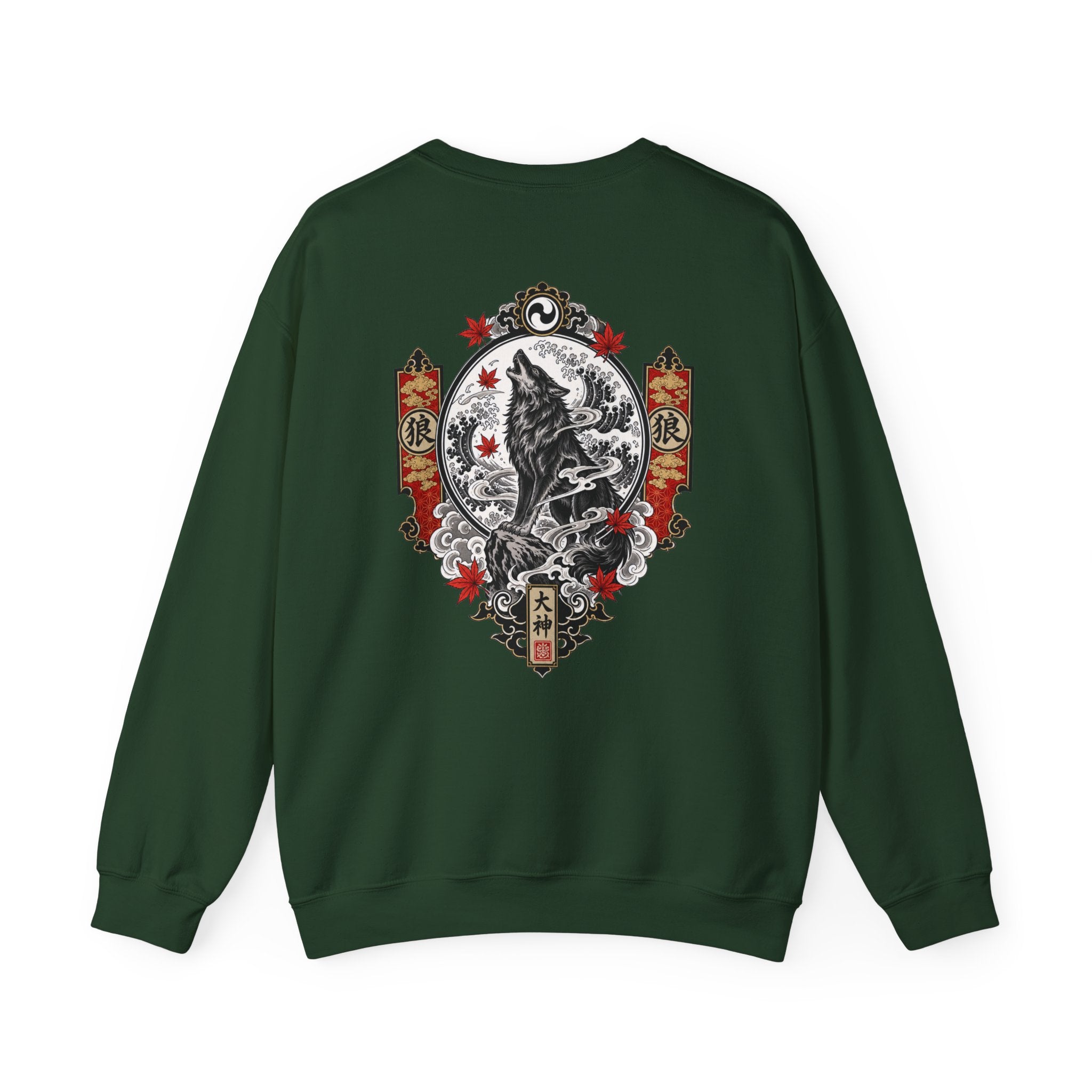 Wolf Crest Crewneck Sweatshirt — Japanese-Inspired Howling Wolf Design