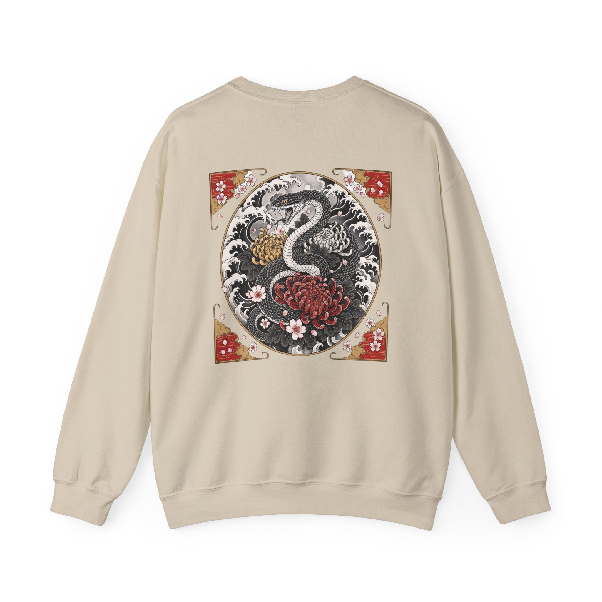 Dragon Circle Crewneck Sweatshirt — Asian-Inspired Snake & Floral Back Graphic