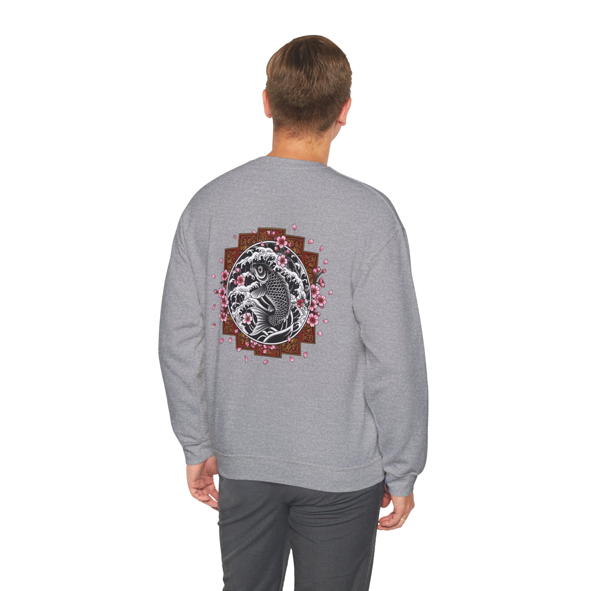 Crewneck Sweatshirt — Koi Fish Cherry Blossom Graphic Back, Minimal Front Logo