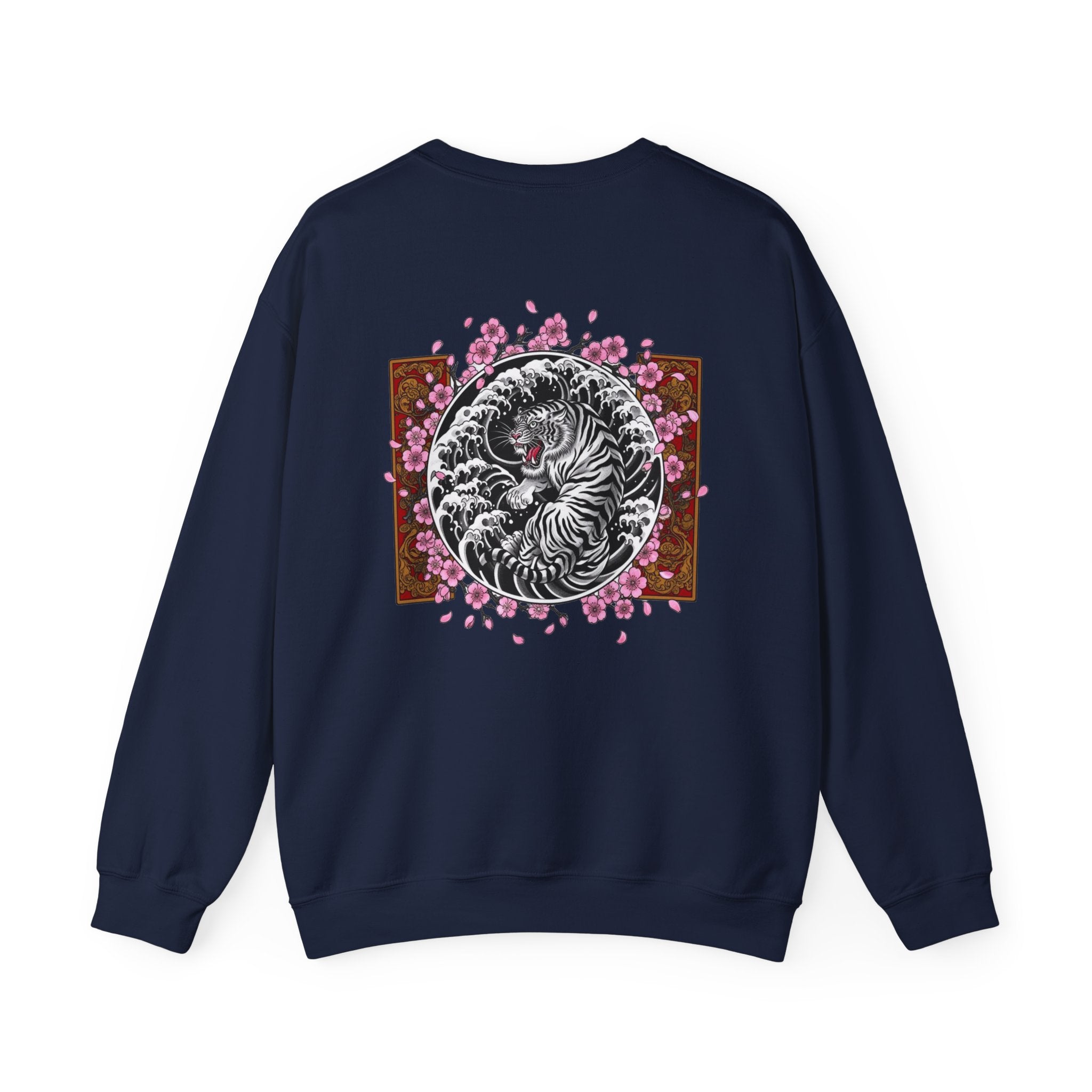 Crewneck Sweatshirt — Yin Yang Tiger with Cherry Blossoms Graphic