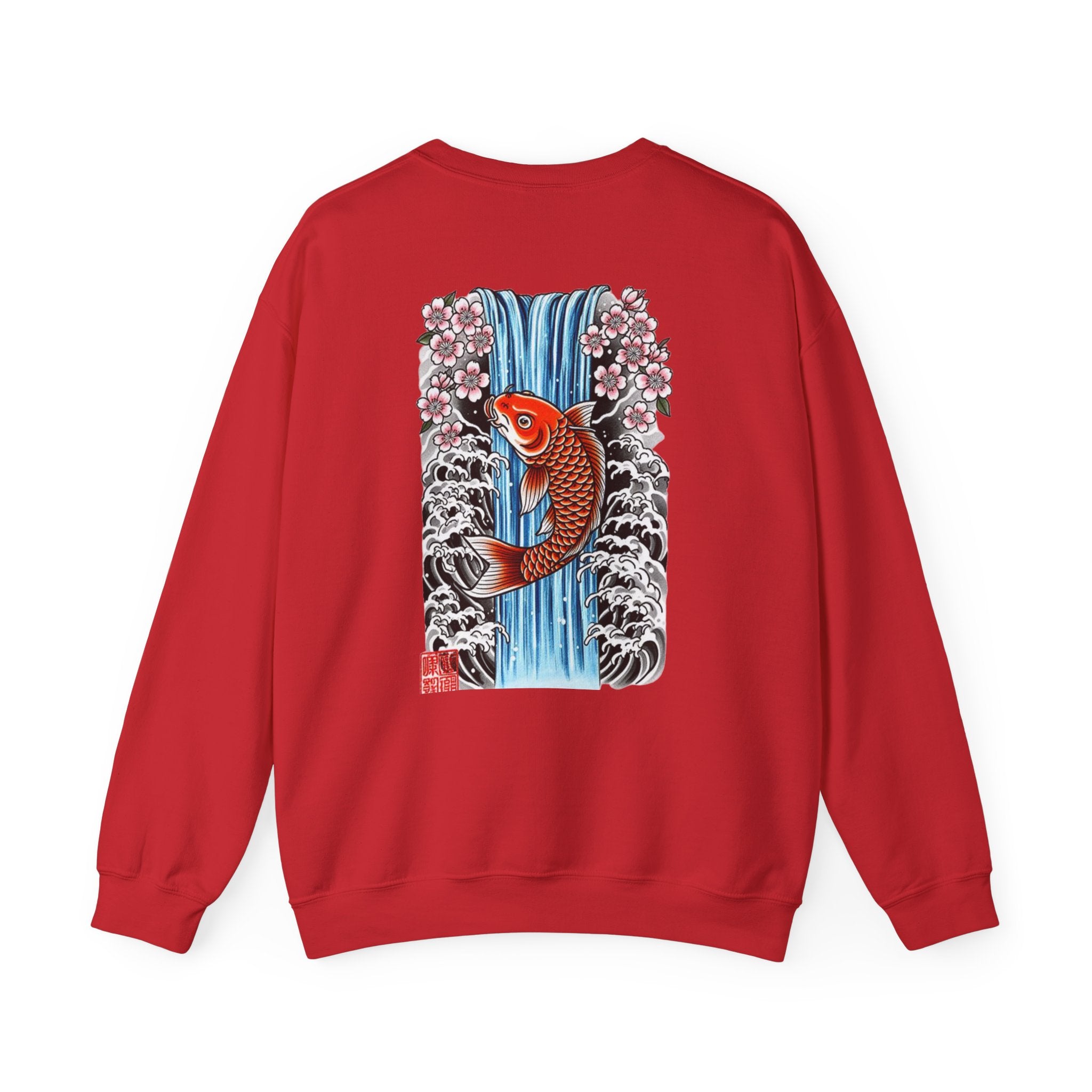 Koi Waterfall Crewneck Sweatshirt — Japanese Koi & Cherry Blossom Back Graphic