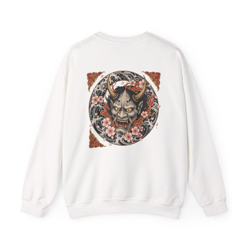 Hannya Mask Crewneck Sweatshirt — Japanese Demon Floral Back Print