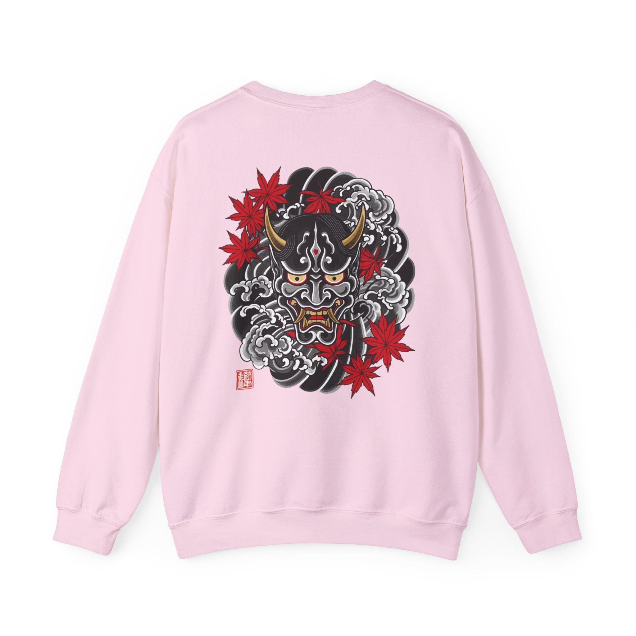 Hannya Demon Crewneck Sweatshirt — Japanese Mask & Maple Leaf Graphic