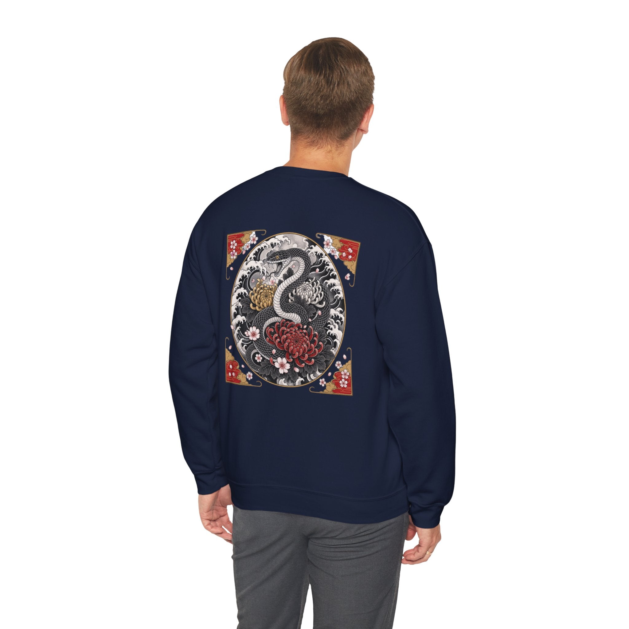 Dragon Circle Crewneck Sweatshirt — Asian-Inspired Snake & Floral Back Graphic
