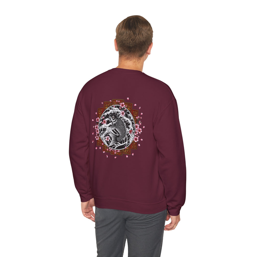 Crewneck Sweatshirt — Koi Fish Cherry Blossom Graphic Back, Minimal Front Logo