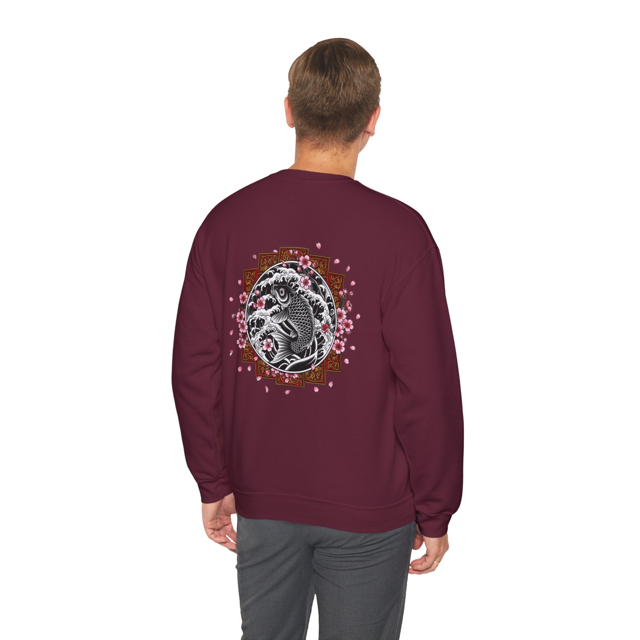 Crewneck Sweatshirt — Koi Fish Cherry Blossom Graphic Back, Minimal Front Logo