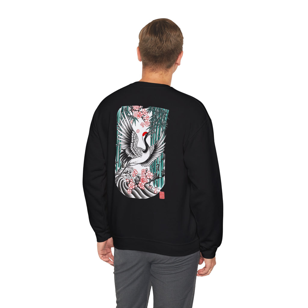 Crane & Cherry Blossom Crewneck Sweatshirt — Japanese Crane Graphic Pullover