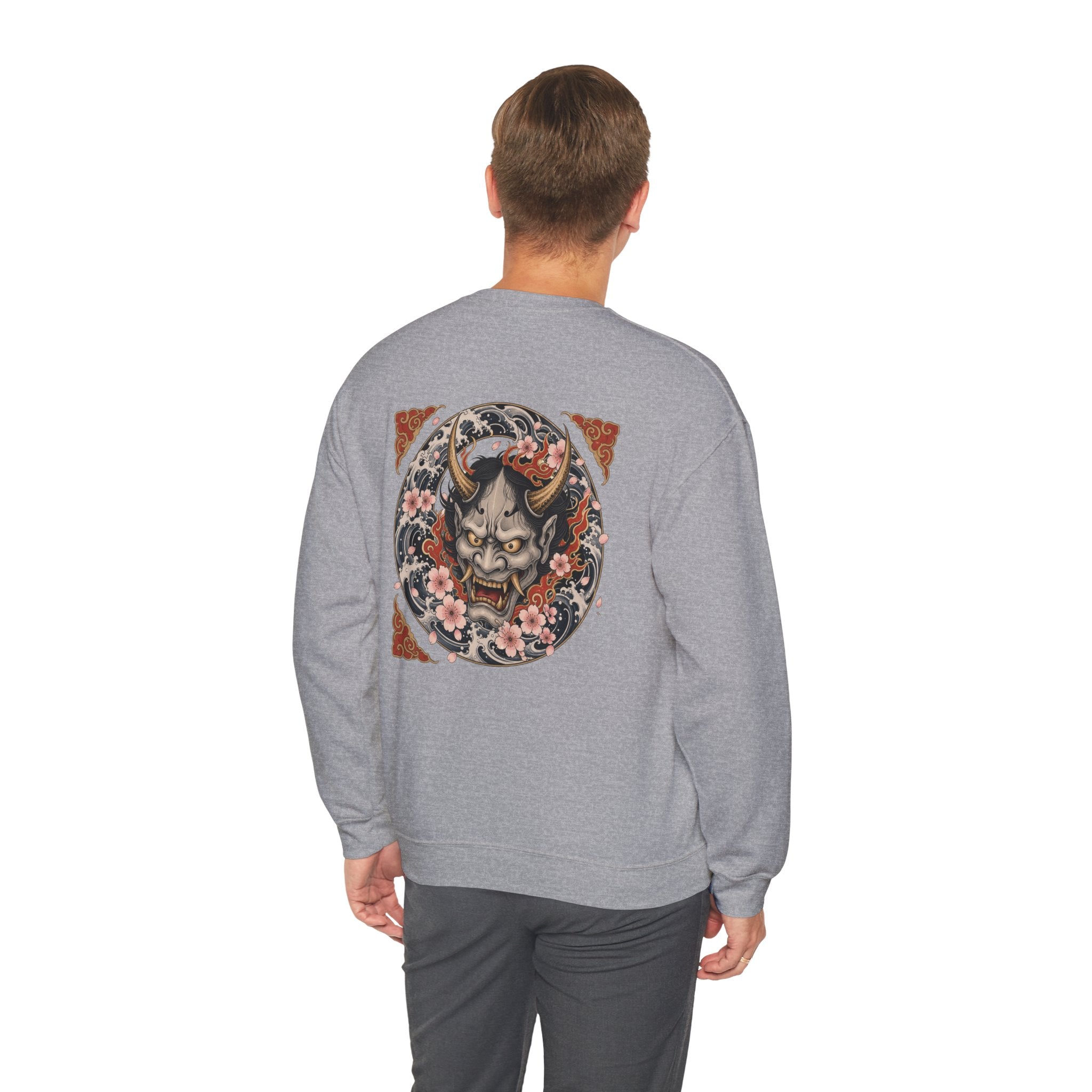 Hannya Mask Crewneck Sweatshirt — Japanese Demon Floral Back Print