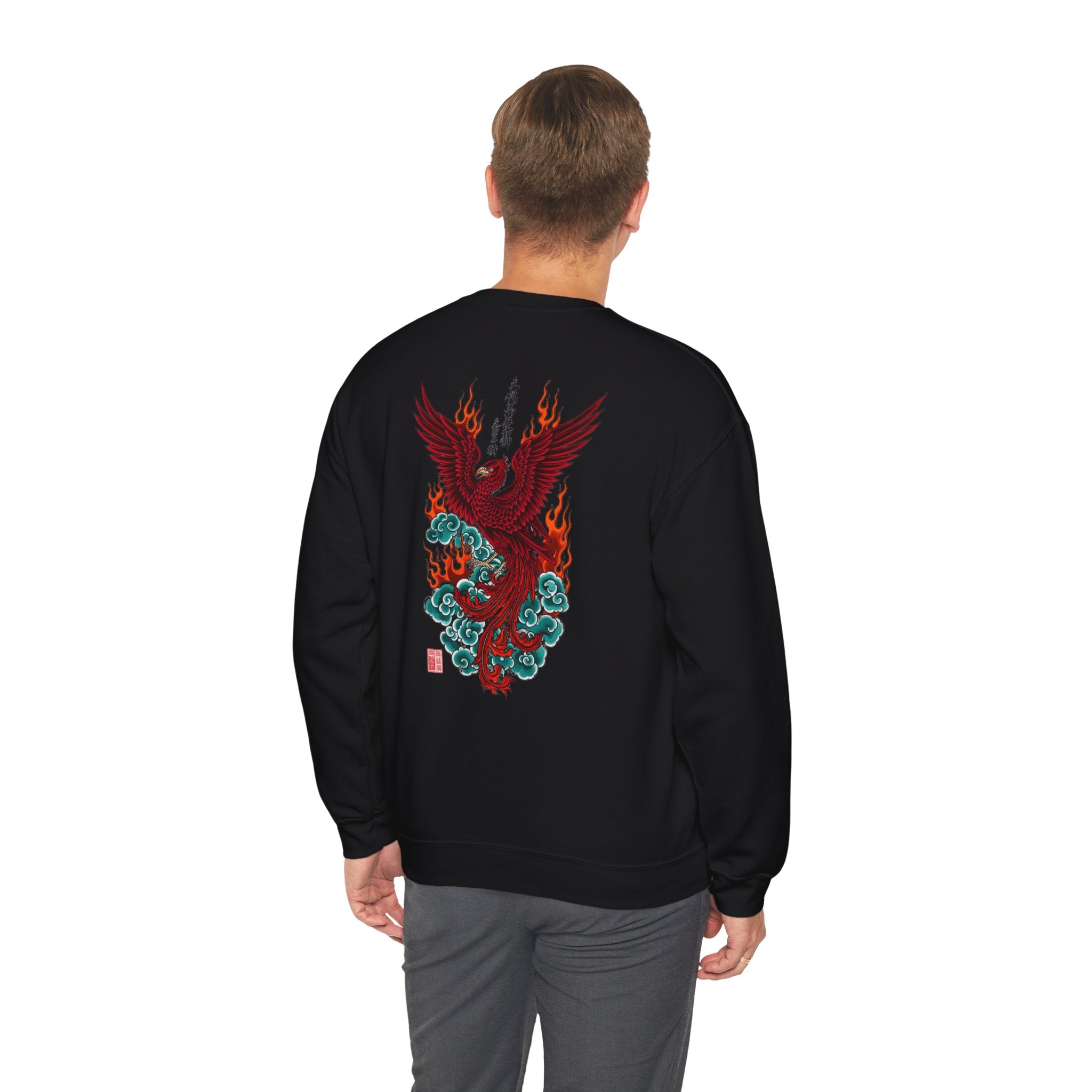 Phoenix Rising Crewneck Sweatshirt — Japanese-style Flaming Phoenix Back Print