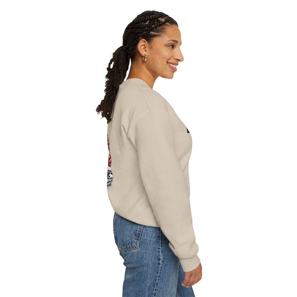 Tiger King Crewneck Sweatshirt — Flaming Tiger on Skulls Graphic