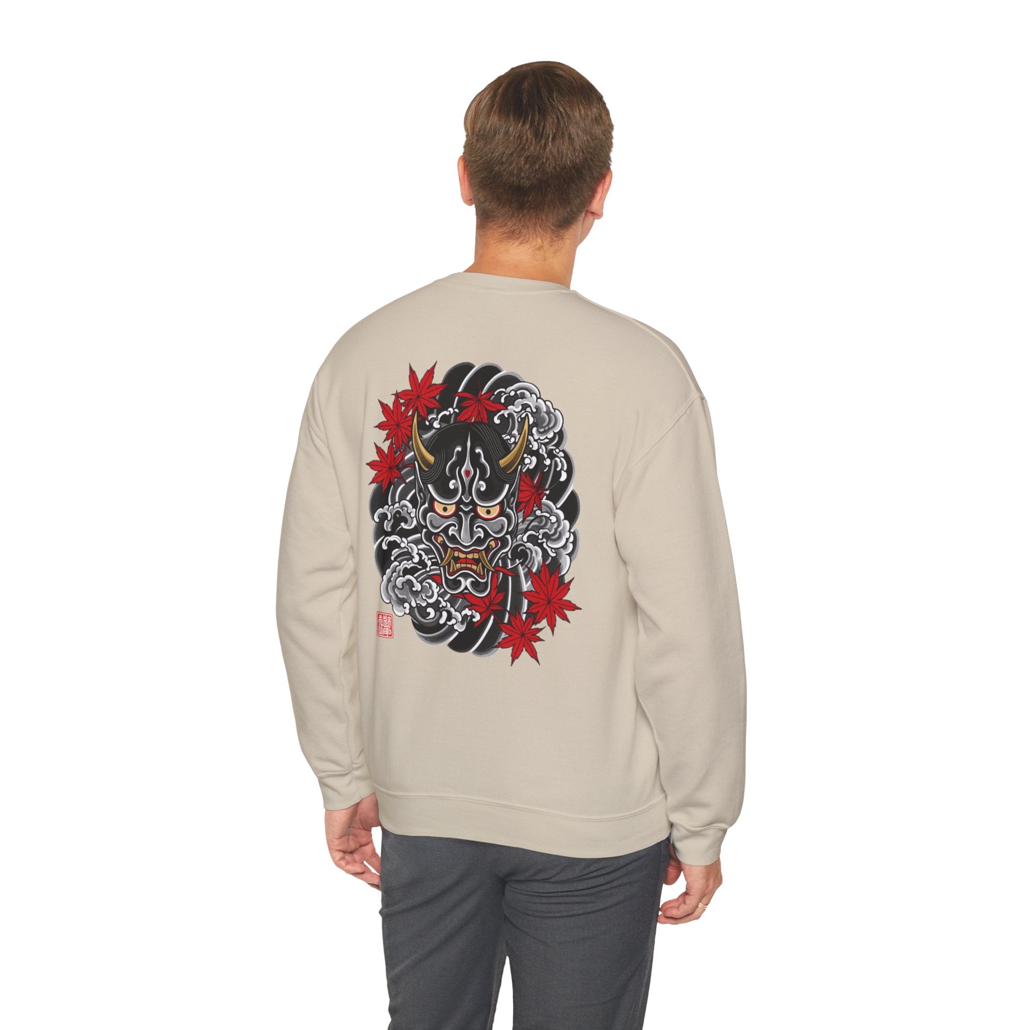 Hannya Demon Crewneck Sweatshirt — Japanese Mask & Maple Leaf Graphic