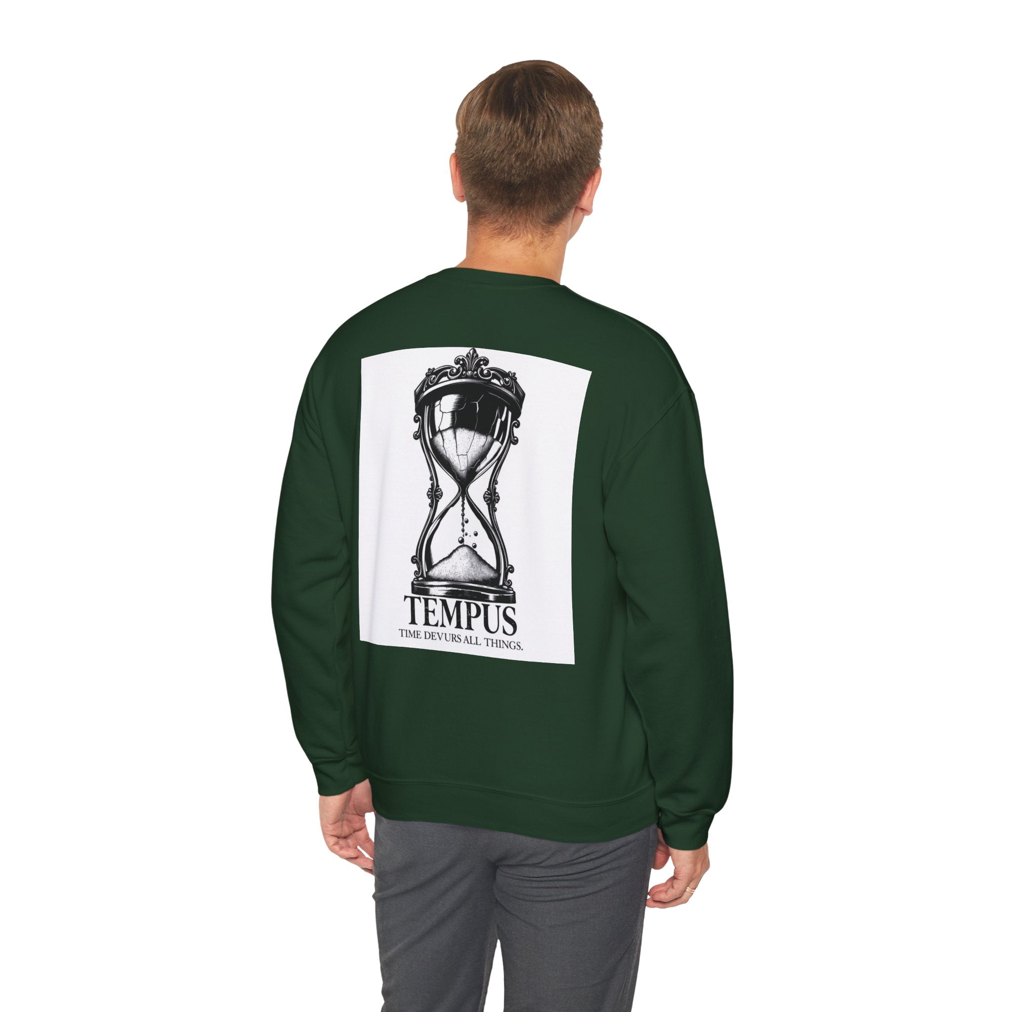Tempus Hourglass Crewneck Sweatshirt — 'Time Devours All Things' Graphic