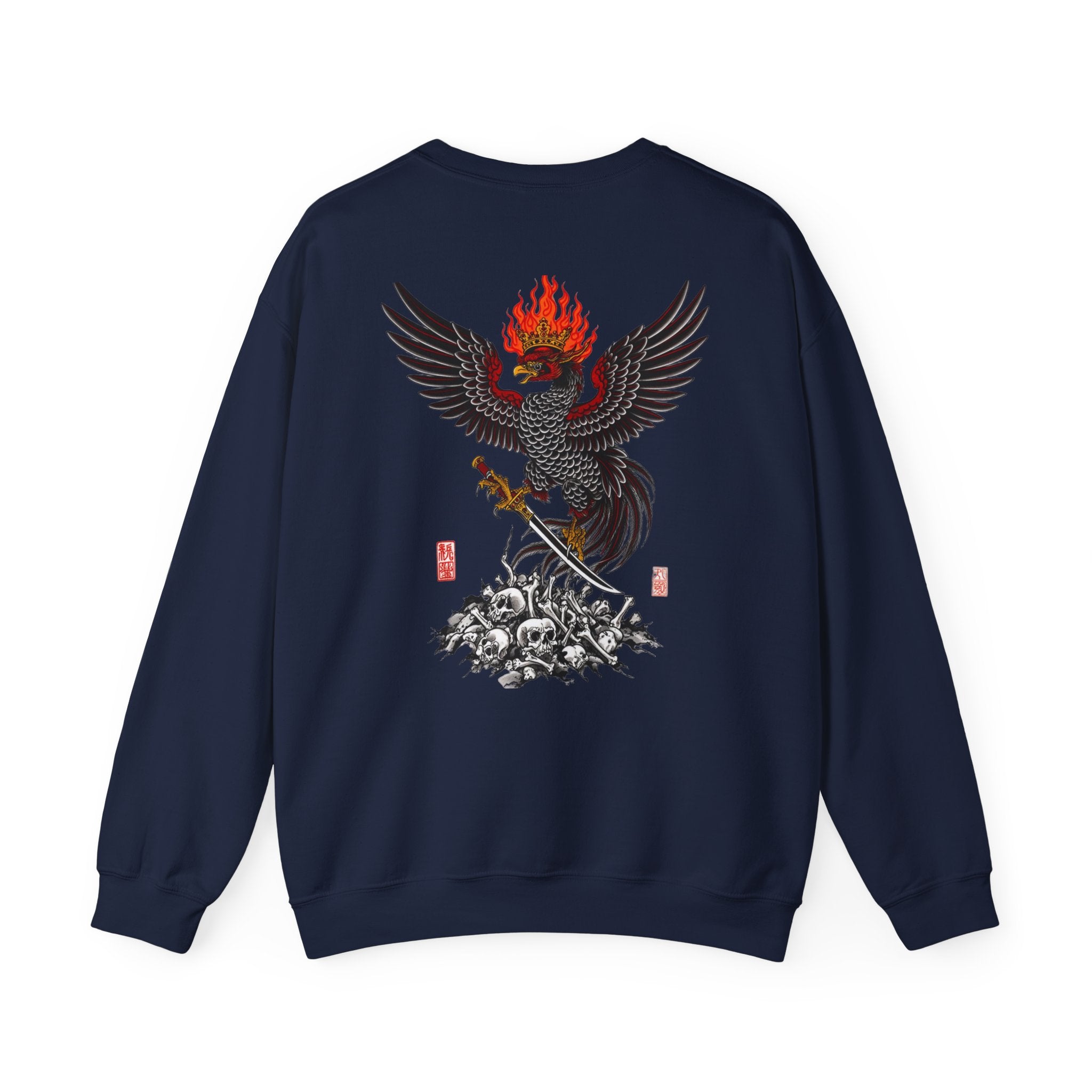 Phoenix Warrior Crewneck Sweatshirt – Flaming Phoenix Sword Back Graphic