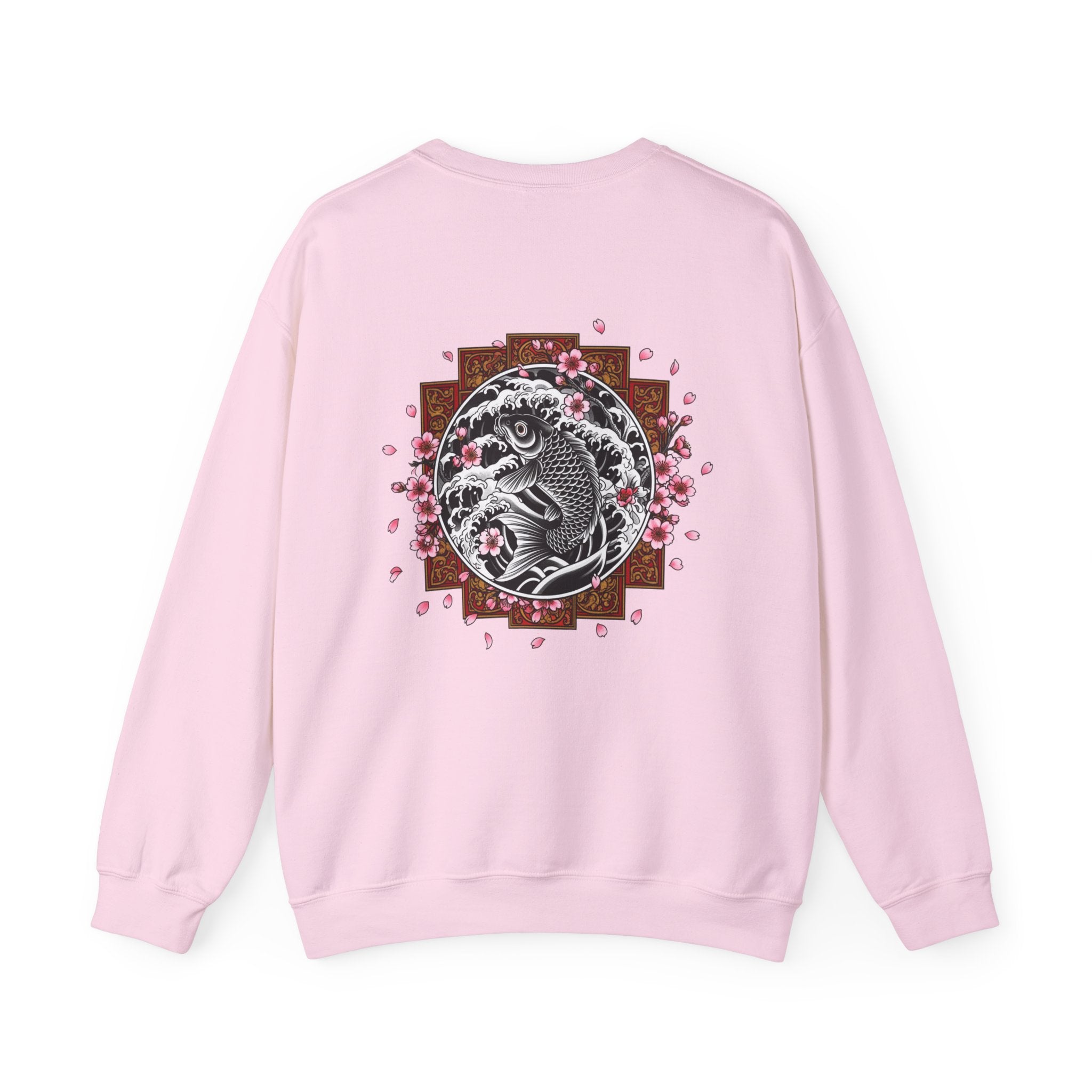 Crewneck Sweatshirt — Koi Fish Cherry Blossom Graphic Back, Minimal Front Logo