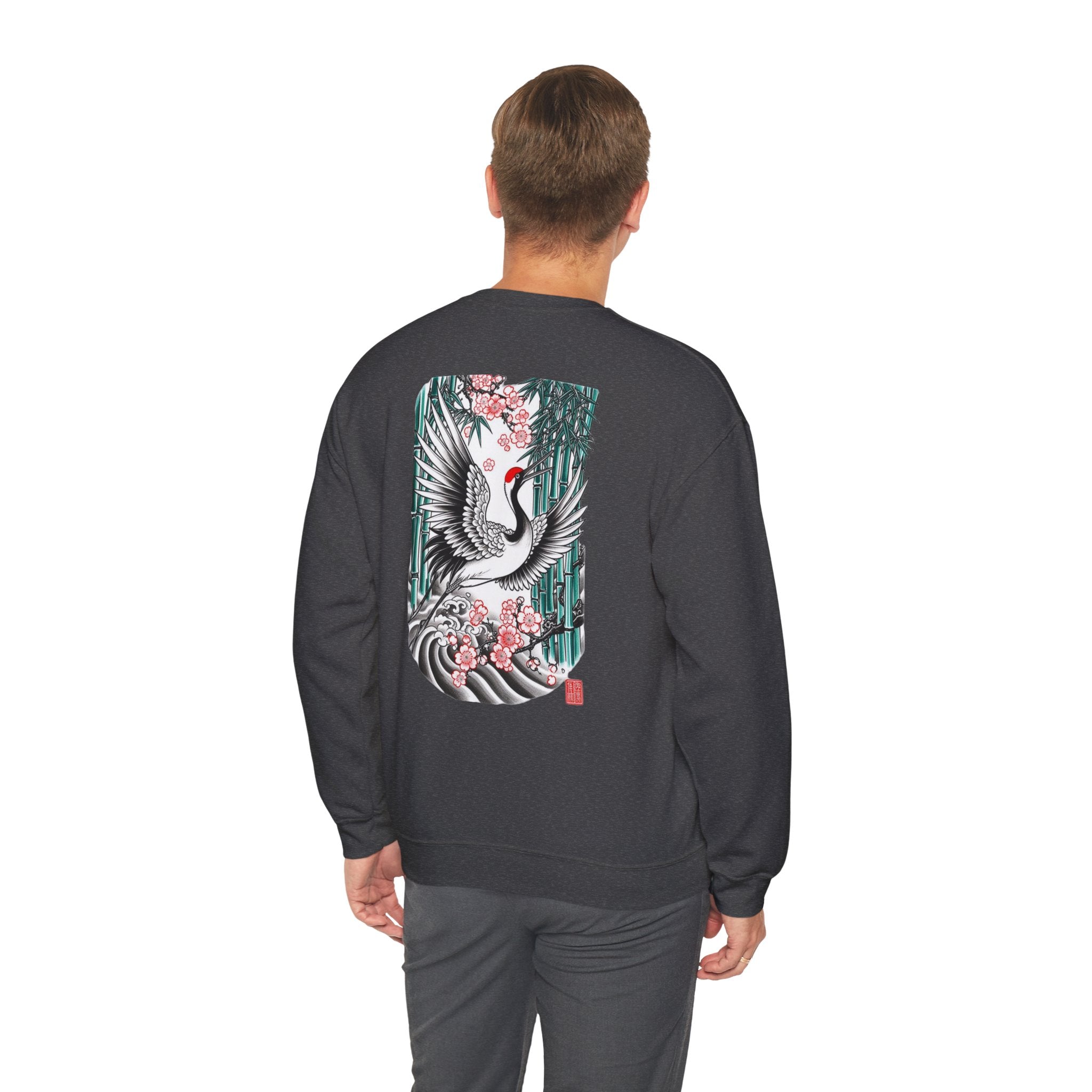 Crane & Cherry Blossom Crewneck Sweatshirt — Japanese Crane Graphic Pullover