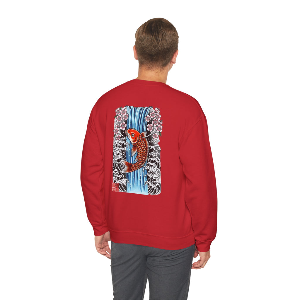 Koi Waterfall Crewneck Sweatshirt — Japanese Koi & Cherry Blossom Back Graphic