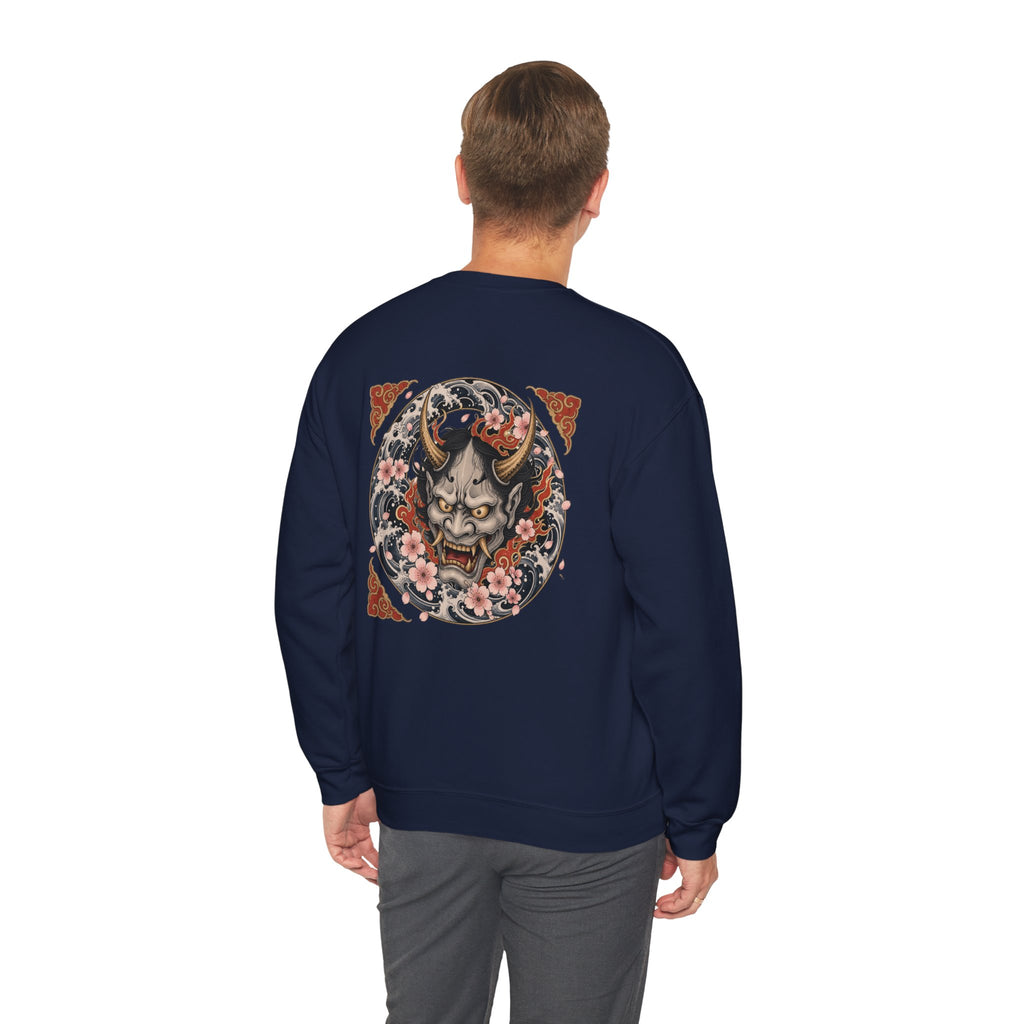 Hannya Mask Crewneck Sweatshirt — Japanese Demon Floral Back Print