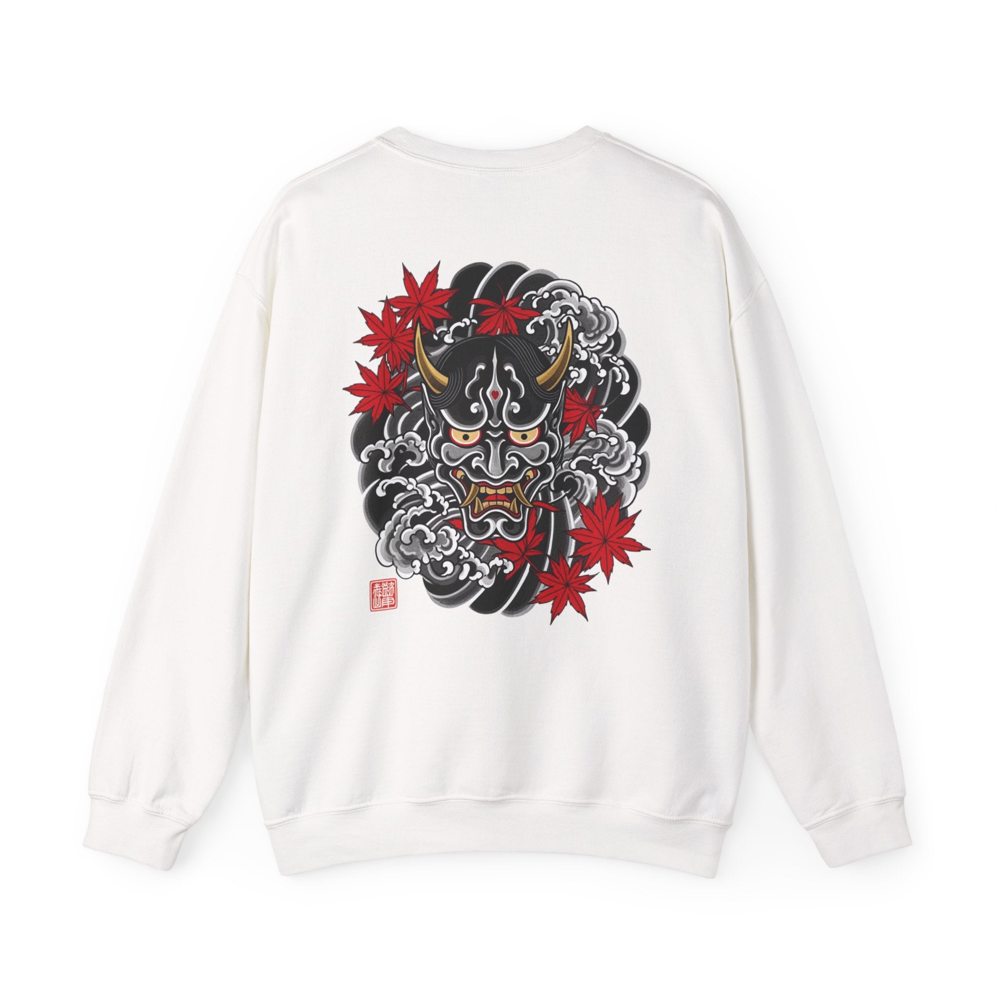Hannya Demon Crewneck Sweatshirt — Japanese Mask & Maple Leaf Graphic