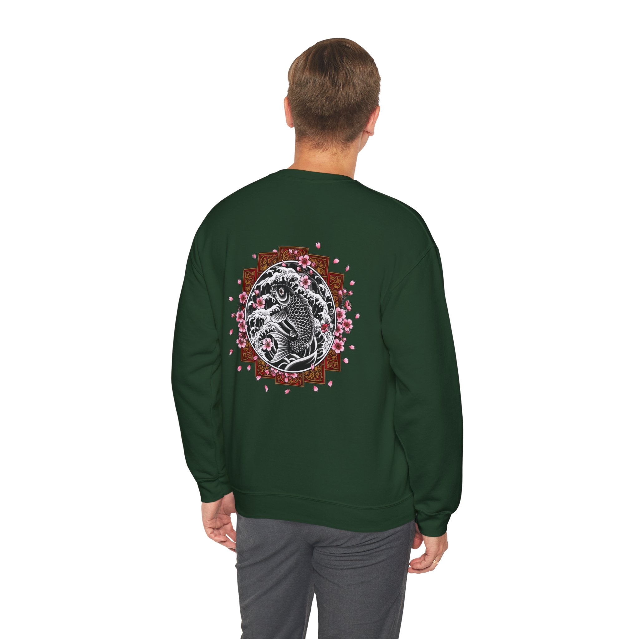 Crewneck Sweatshirt — Koi Fish Cherry Blossom Graphic Back, Minimal Front Logo