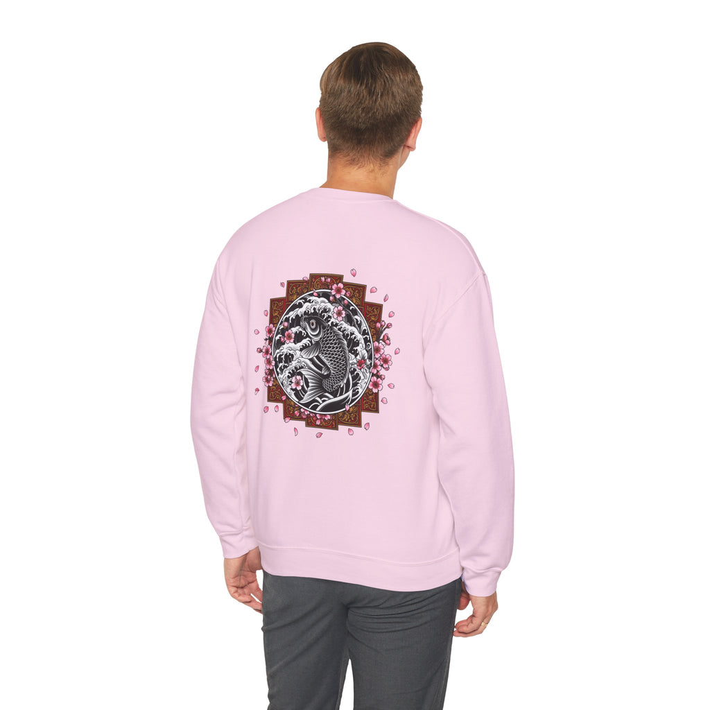 Crewneck Sweatshirt — Koi Fish Cherry Blossom Graphic Back, Minimal Front Logo