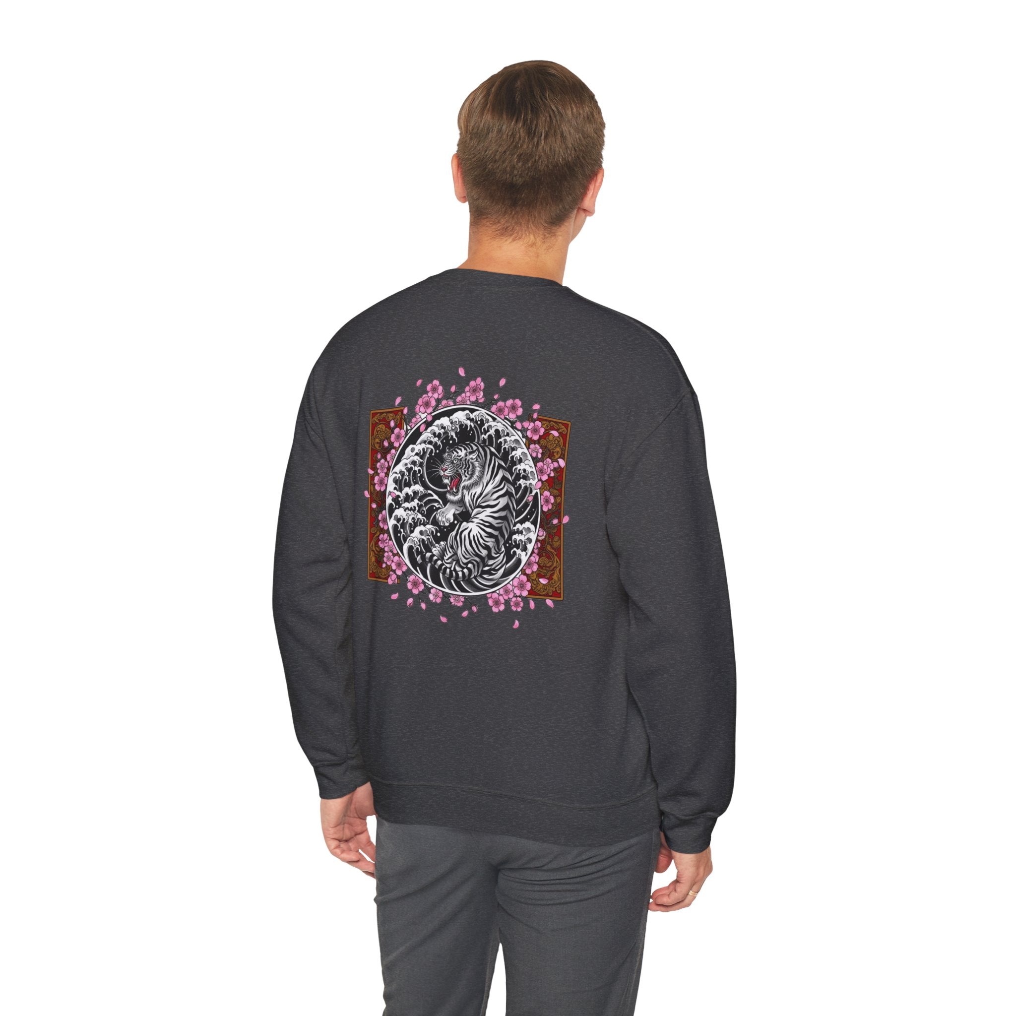 Crewneck Sweatshirt — Yin Yang Tiger with Cherry Blossoms Graphic