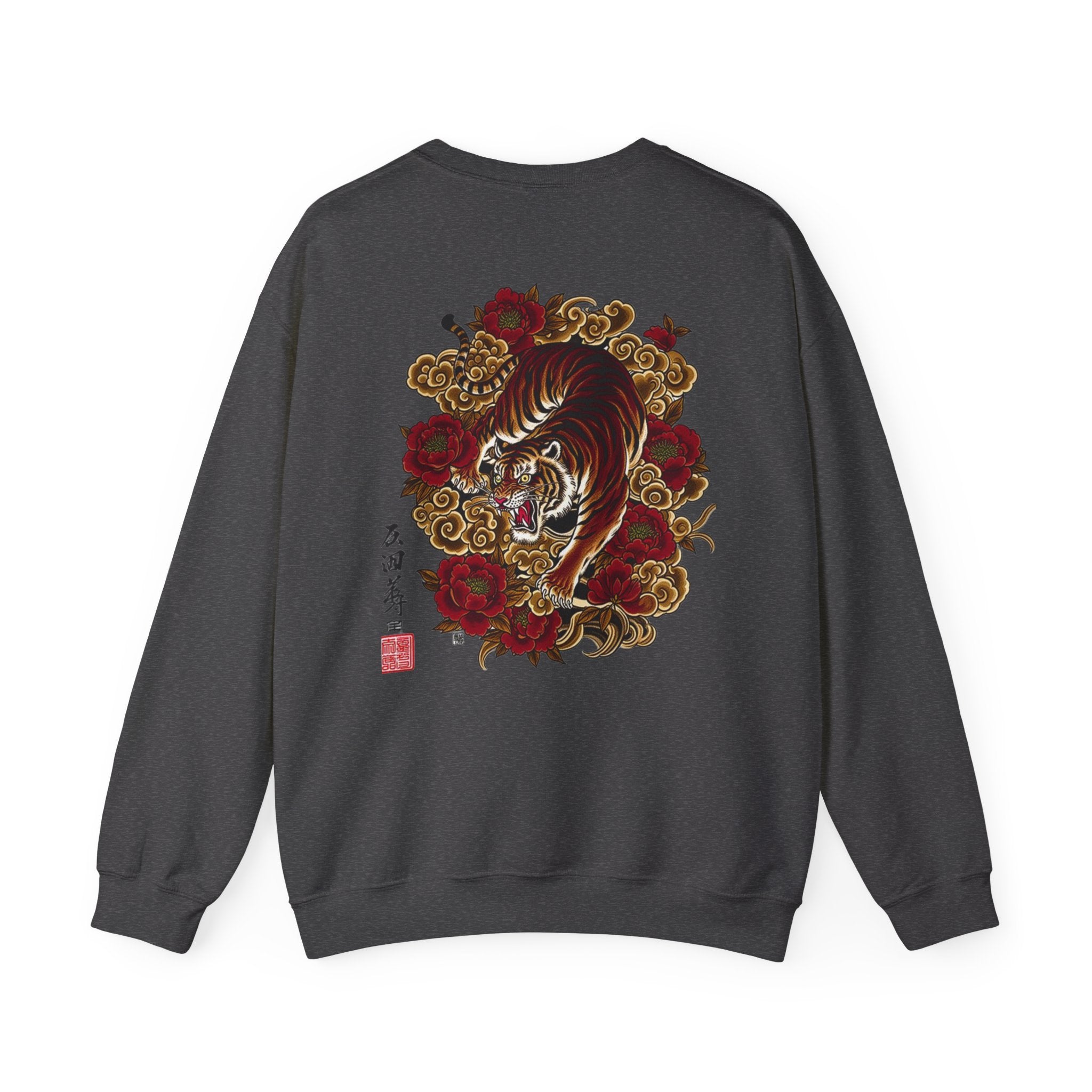Tiger & Roses Crewneck Sweatshirt — Japanese Tattoo Style Back Graphic