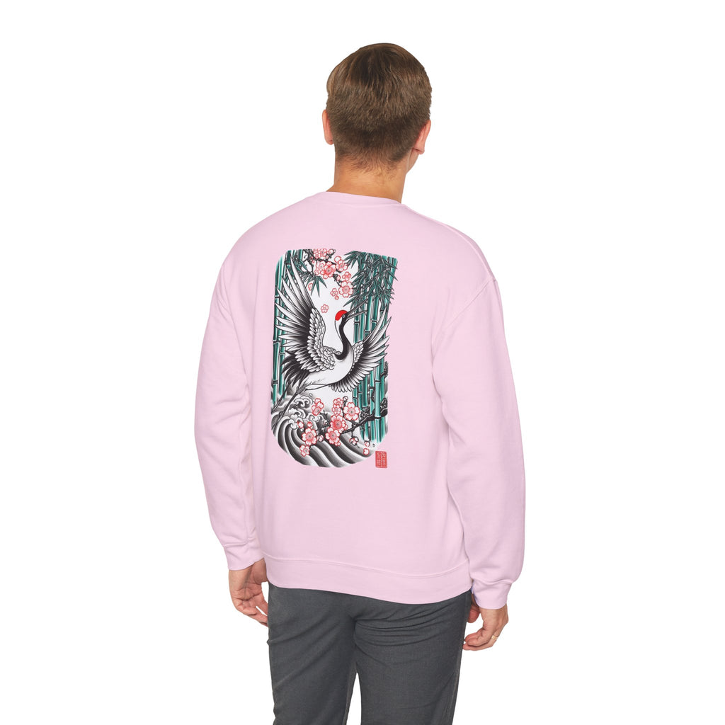 Crane & Cherry Blossom Crewneck Sweatshirt — Japanese Crane Graphic Pullover