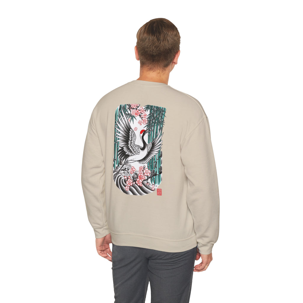 Crane & Cherry Blossom Crewneck Sweatshirt — Japanese Crane Graphic Pullover