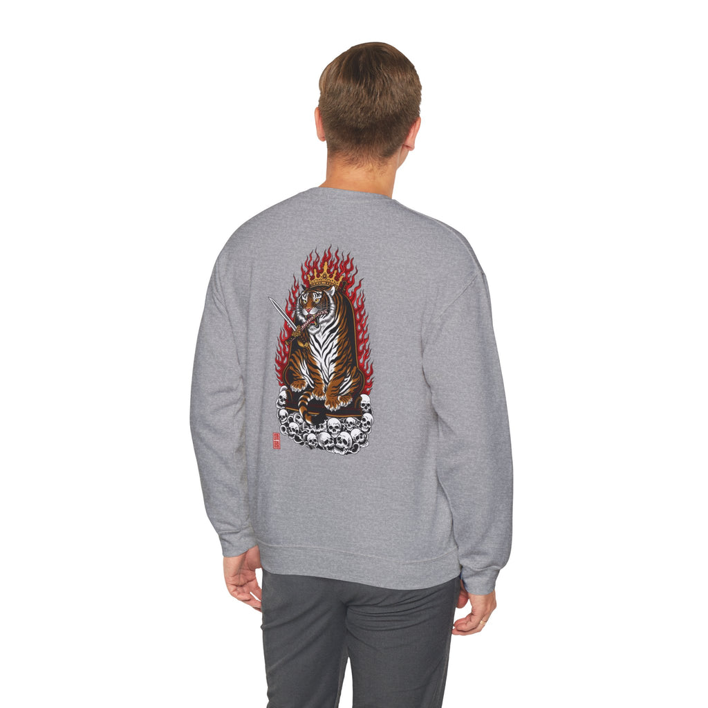 Tiger King Crewneck Sweatshirt — Flaming Tiger on Skulls Graphic