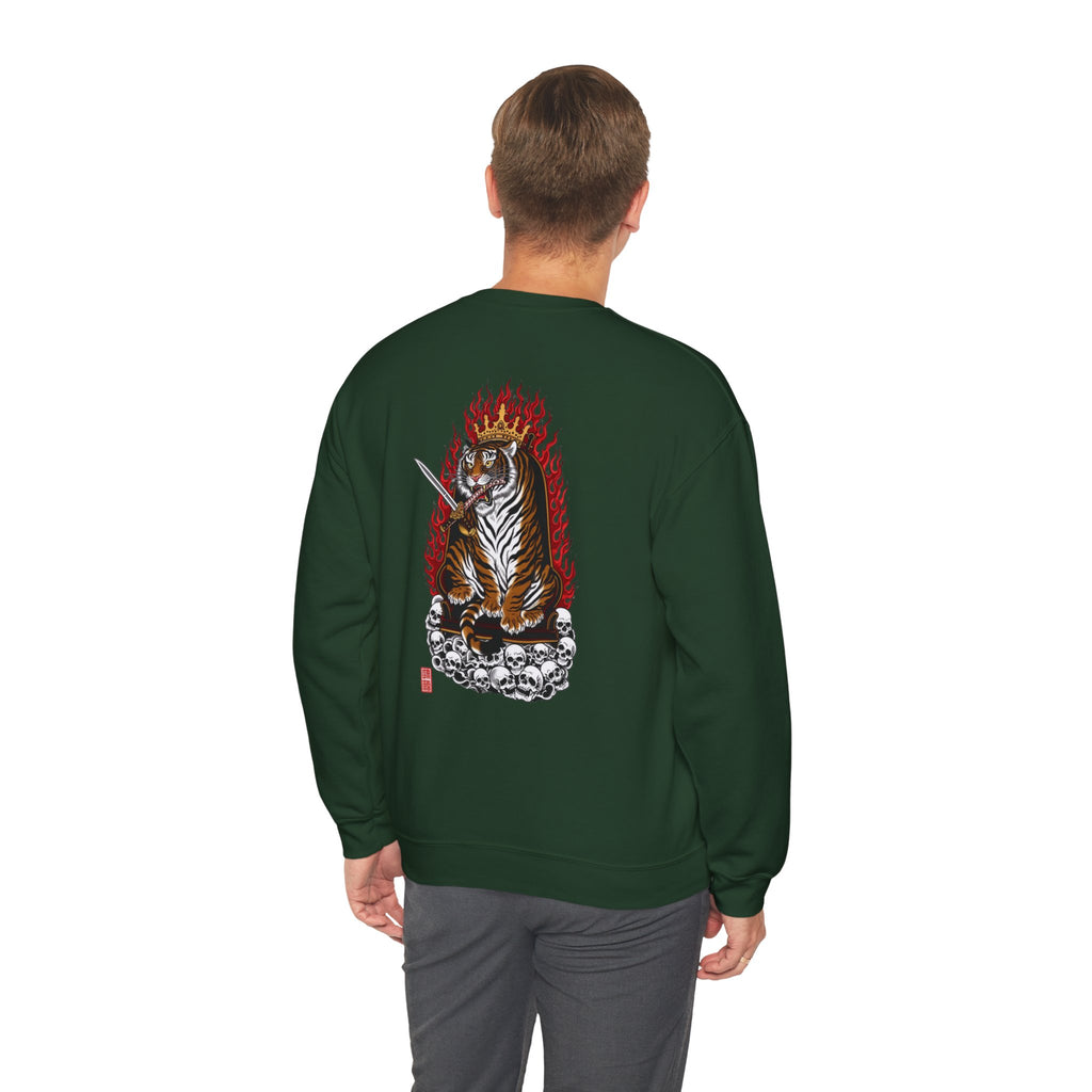 Tiger King Crewneck Sweatshirt — Flaming Tiger on Skulls Graphic