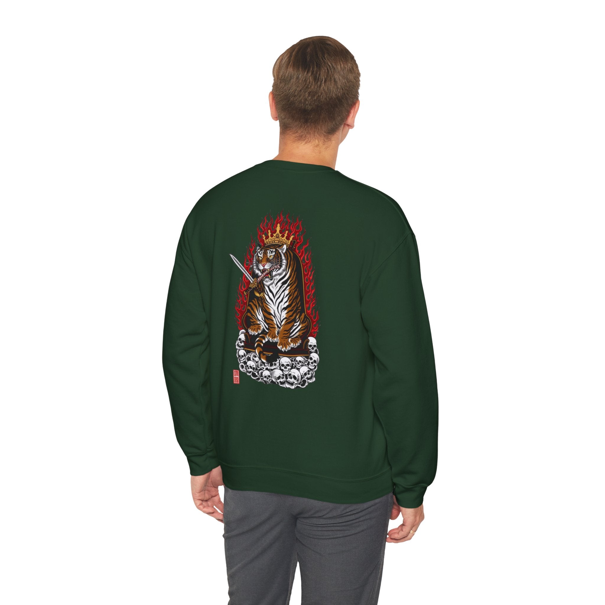 Tiger King Crewneck Sweatshirt — Flaming Tiger on Skulls Graphic