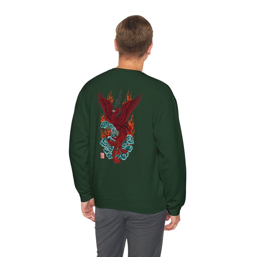 Phoenix Rising Crewneck Sweatshirt — Japanese-style Flaming Phoenix Back Print