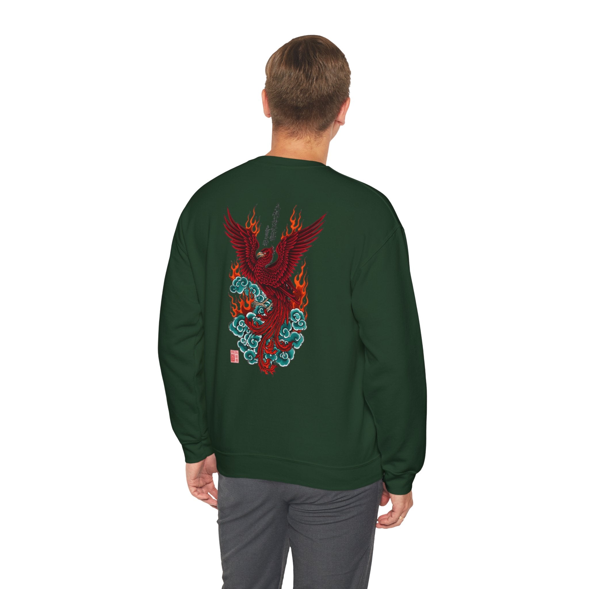 Phoenix Rising Crewneck Sweatshirt — Japanese-style Flaming Phoenix Back Print