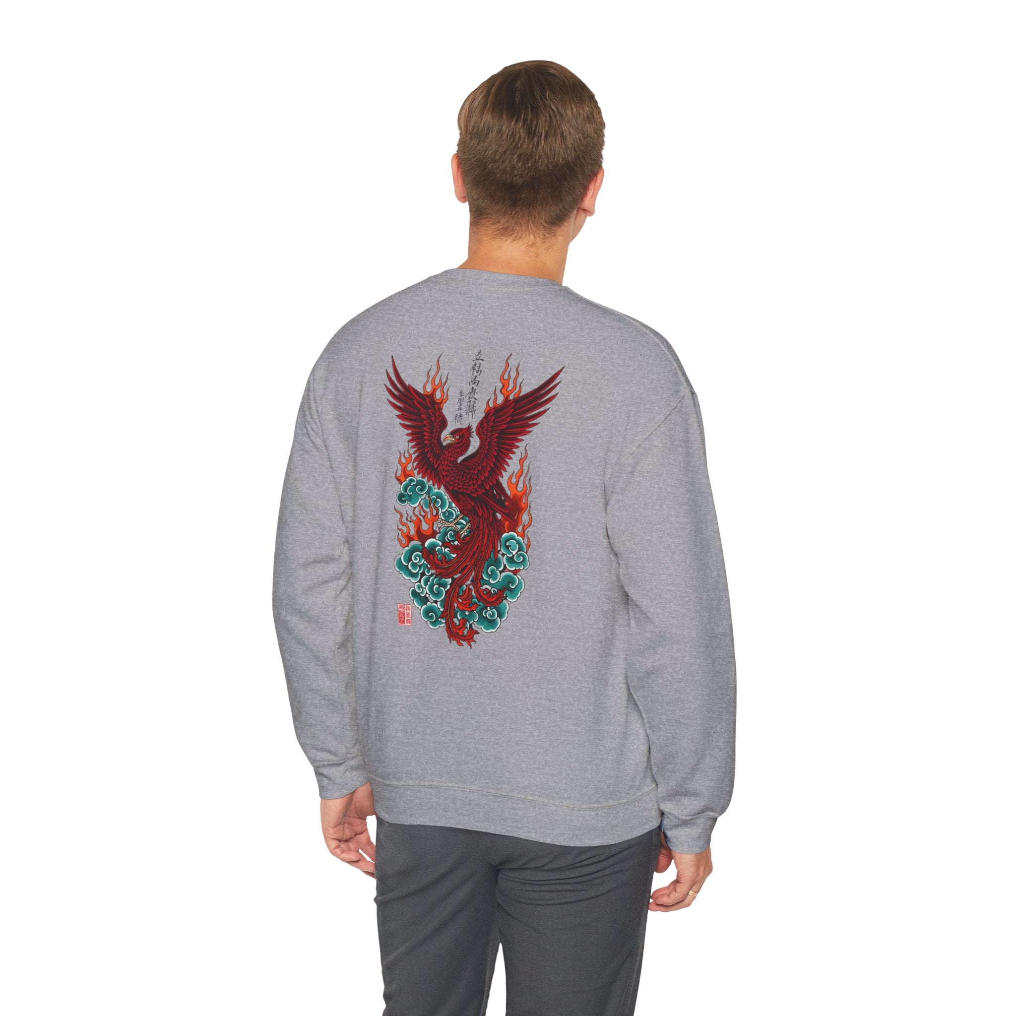 Phoenix Rising Crewneck Sweatshirt — Japanese-style Flaming Phoenix Back Print