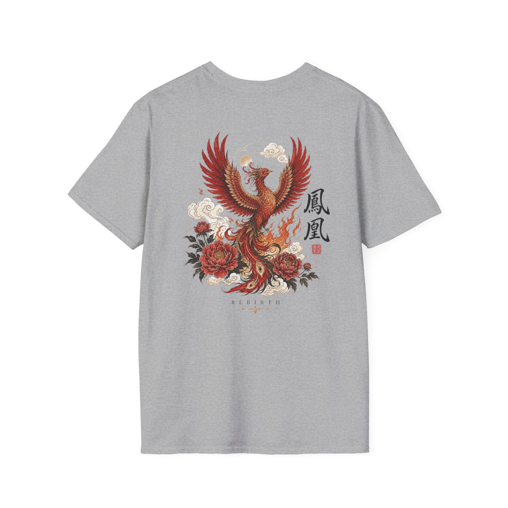 Phoenix Floral T-Shirt — Rising Phoenix Graphic Tee with Asian Calligraphy