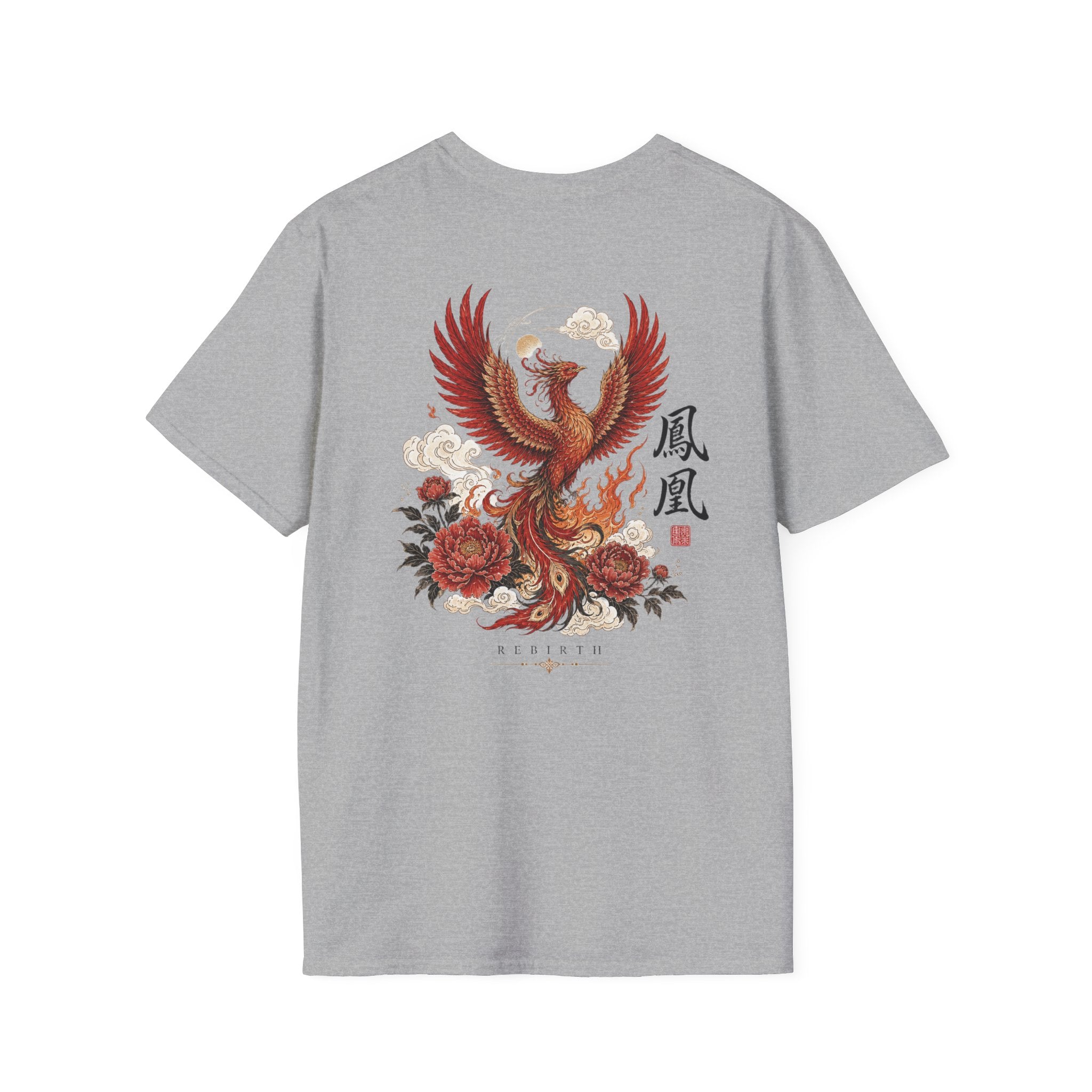 Phoenix Floral T-Shirt — Rising Phoenix Graphic Tee with Asian Calligraphy