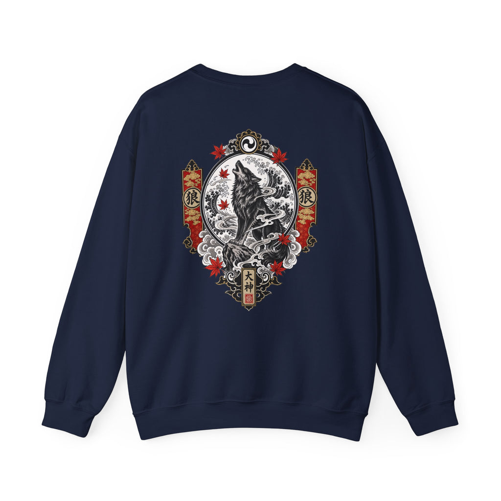 Wolf Crest Crewneck Sweatshirt — Japanese-Inspired Howling Wolf Design